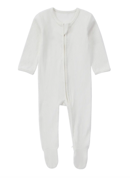 Organic Cotton Ribbed Zipper Footie Pajama | White